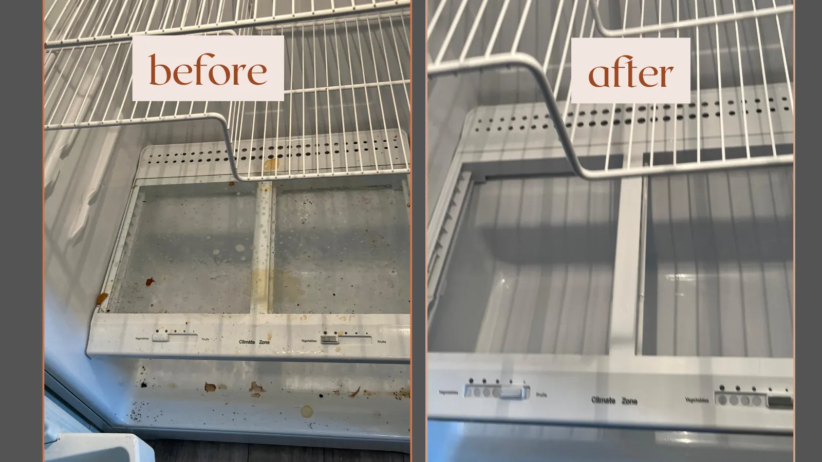 Refrigerator shelves and drawers before and after deep cleaning by our York PA cleaning service